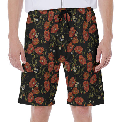 Embroidery Poppy Pattern Print Men's Beach Shorts