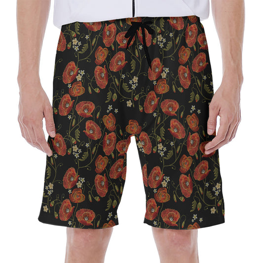 Embroidery Poppy Pattern Print Men's Beach Shorts