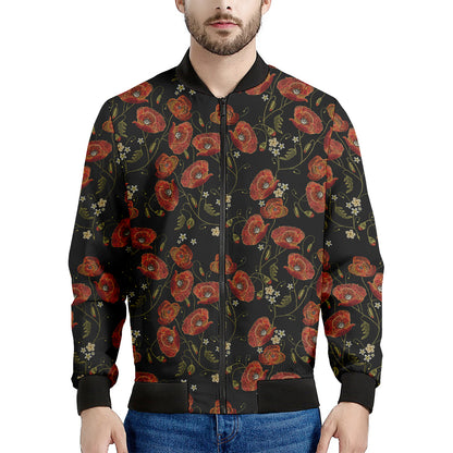 Embroidery Poppy Pattern Print Men's Bomber Jacket