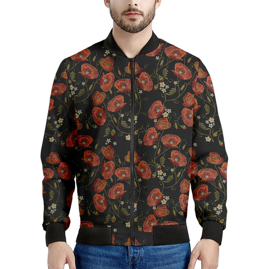 Embroidery Poppy Pattern Print Men's Bomber Jacket