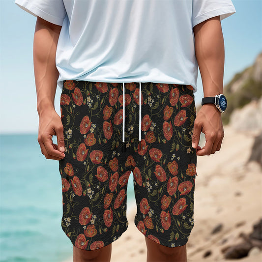 Embroidery Poppy Pattern Print Men's Cargo Shorts