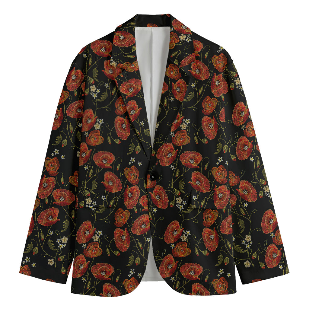 Embroidery Poppy Pattern Print Men's Cotton Blazer