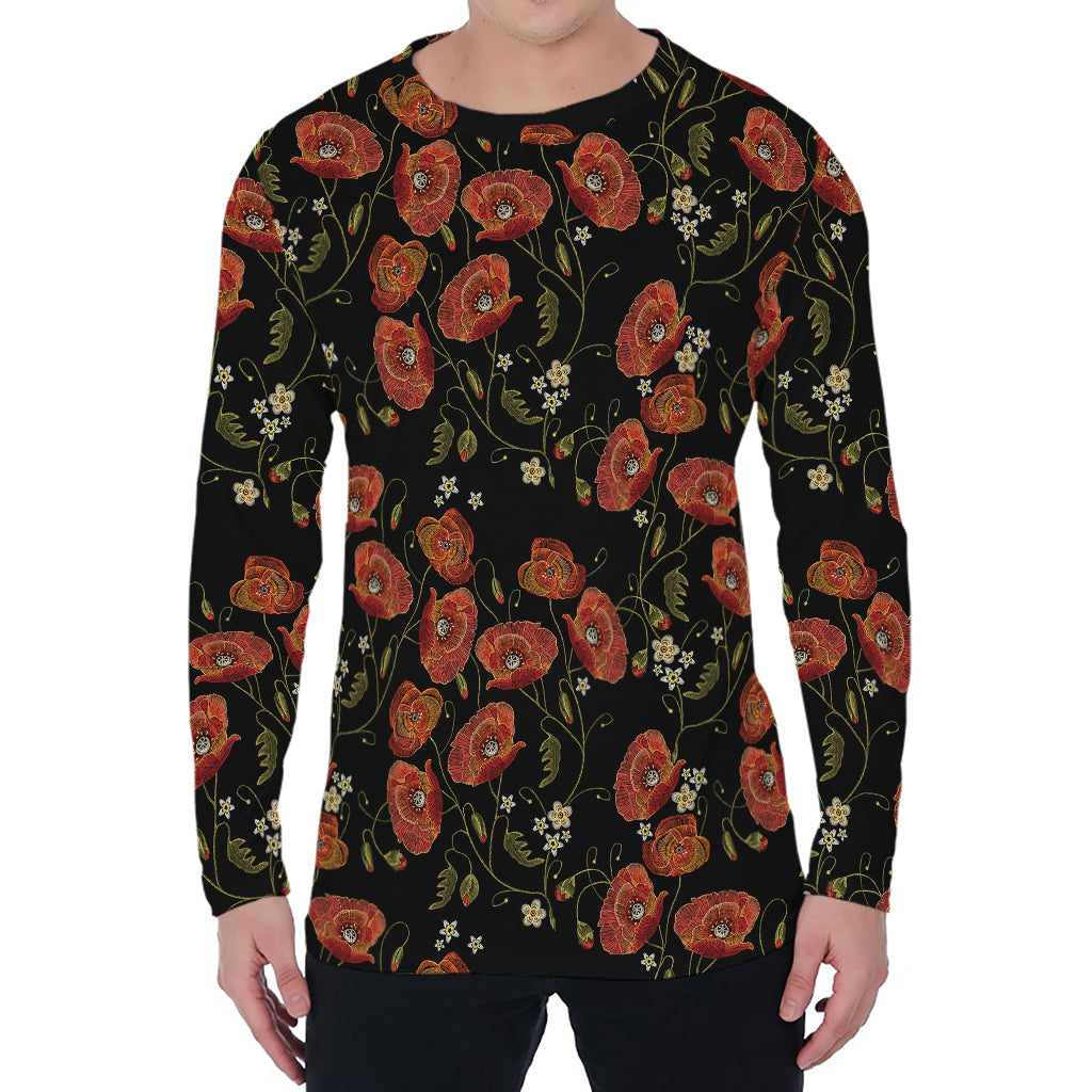 Embroidery Poppy Pattern Print Men's Long Sleeve T-Shirt