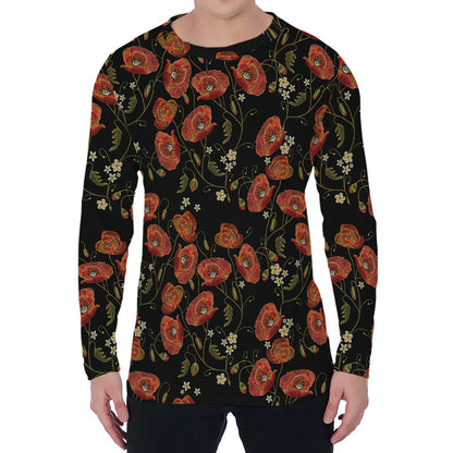 Embroidery Poppy Pattern Print Men's Long Sleeve T-Shirt