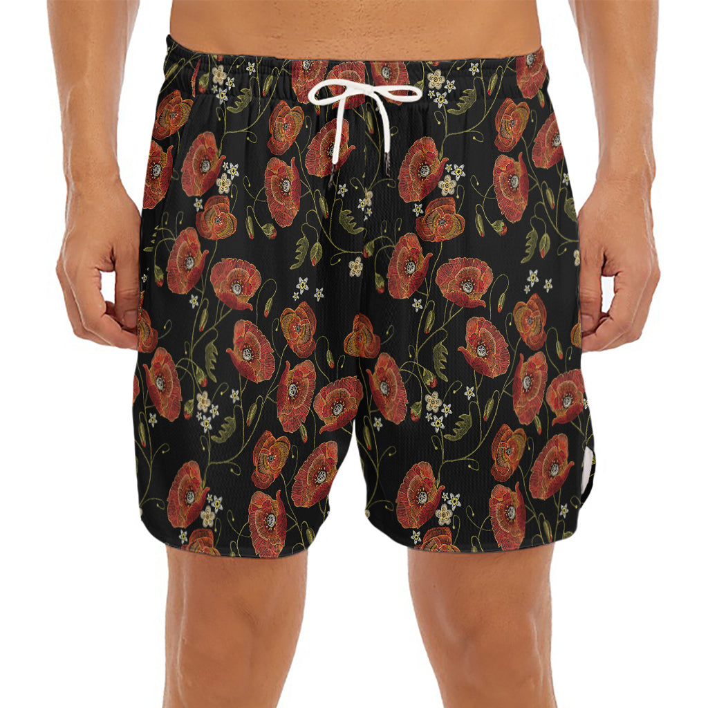 Embroidery Poppy Pattern Print Men's Split Running Shorts