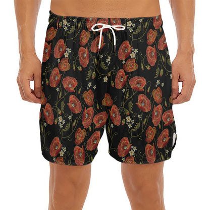 Embroidery Poppy Pattern Print Men's Split Running Shorts