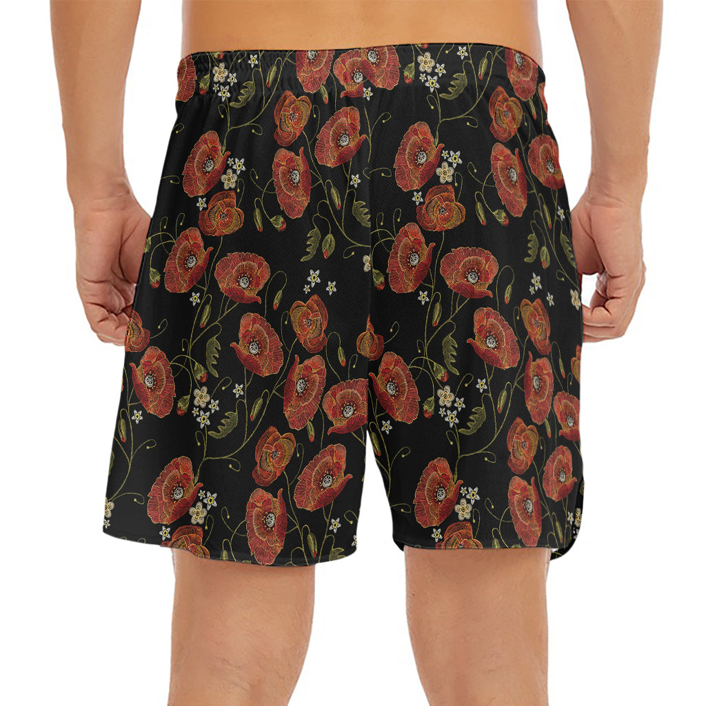 Embroidery Poppy Pattern Print Men's Split Running Shorts