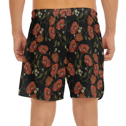 Embroidery Poppy Pattern Print Men's Split Running Shorts