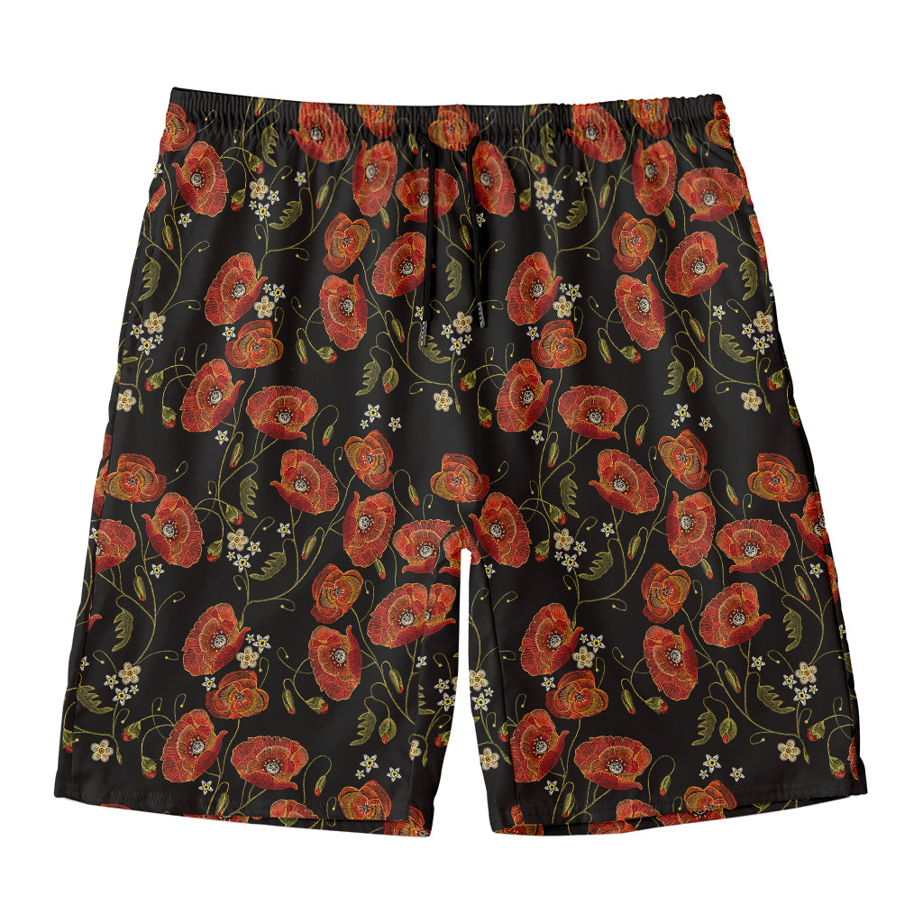 Embroidery Poppy Pattern Print Men's Swim Trunks