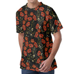 Embroidery Poppy Pattern Print Men's Velvet T-Shirt