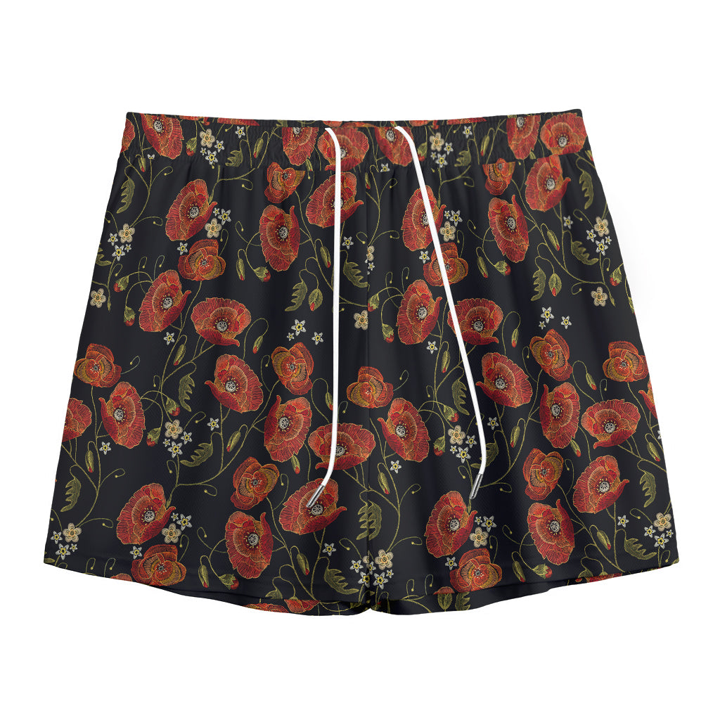 Embroidery Poppy Pattern Print Mesh Shorts