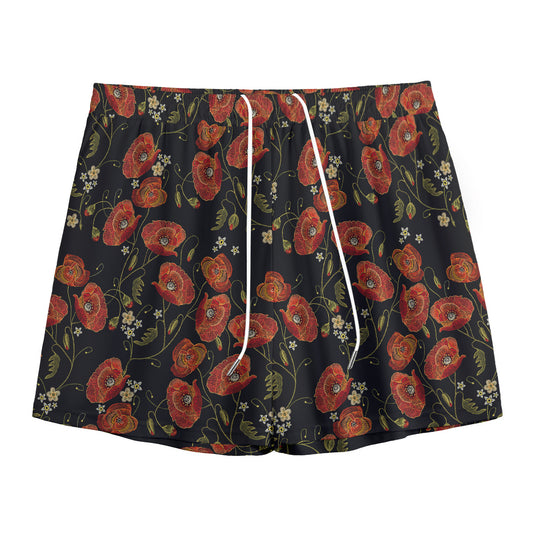 Embroidery Poppy Pattern Print Mesh Shorts
