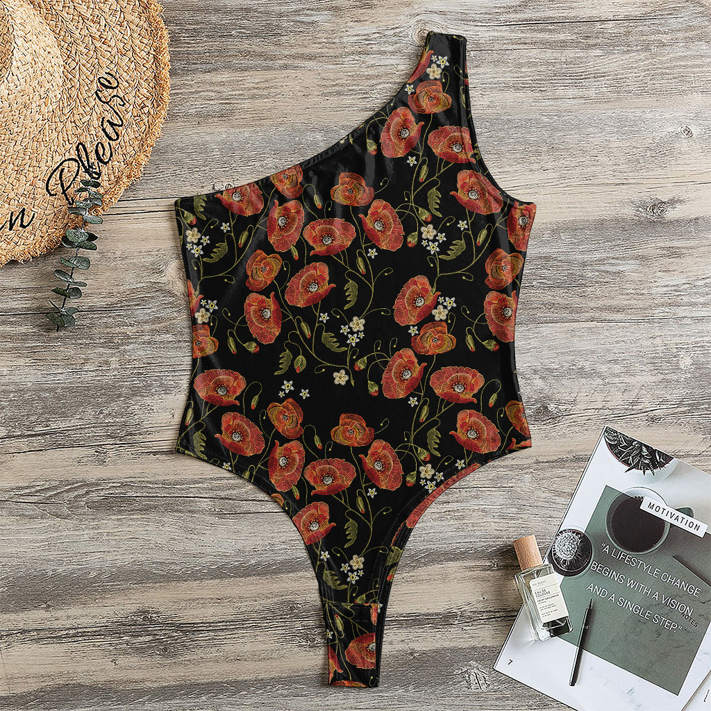 Embroidery Poppy Pattern Print One Shoulder Bodysuit