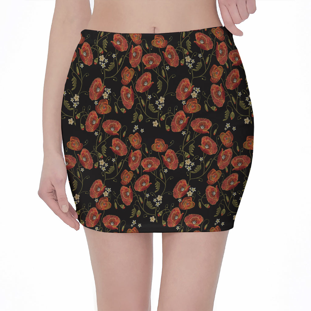 Embroidery Poppy Pattern Print Pencil Mini Skirt