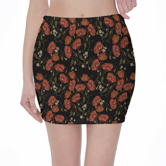 Embroidery Poppy Pattern Print Pencil Mini Skirt