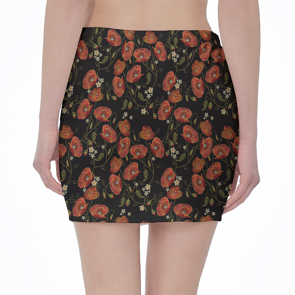 Embroidery Poppy Pattern Print Pencil Mini Skirt