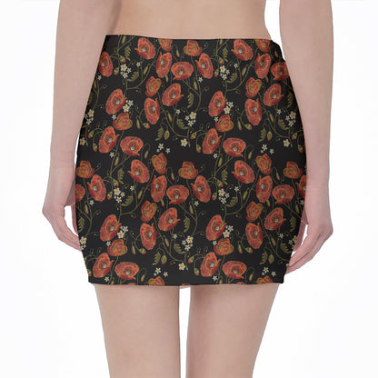 Embroidery Poppy Pattern Print Pencil Mini Skirt