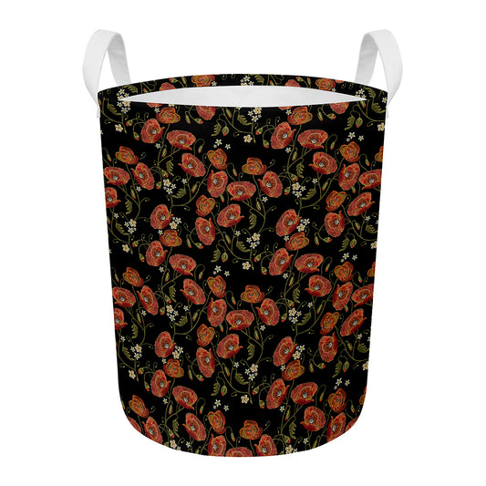 Embroidery Poppy Pattern Print Round Laundry Basket