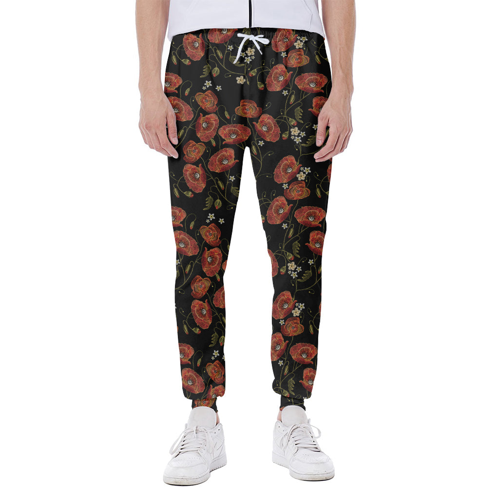 Embroidery Poppy Pattern Print Scuba Joggers
