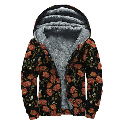 Embroidery Poppy Pattern Print Sherpa Lined Zip Up Hoodie