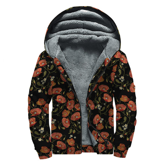 Embroidery Poppy Pattern Print Sherpa Lined Zip Up Hoodie