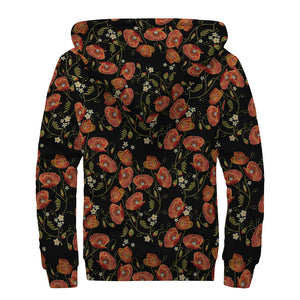 Embroidery Poppy Pattern Print Sherpa Lined Zip Up Hoodie