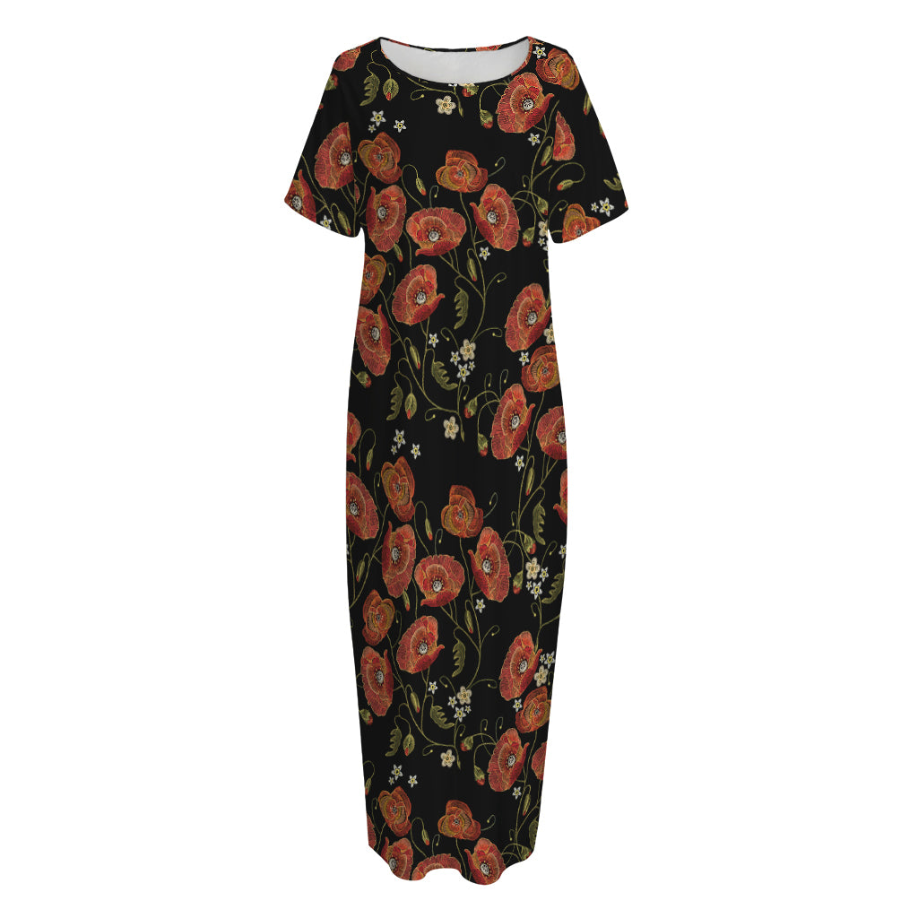 Embroidery Poppy Pattern Print Short Sleeve Long Nightdress
