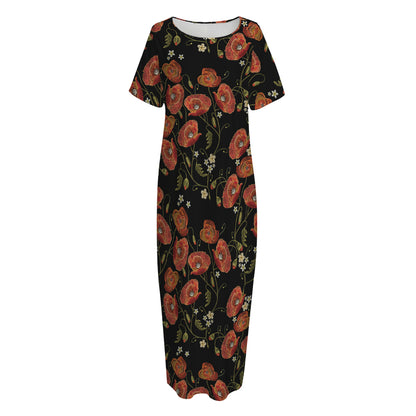 Embroidery Poppy Pattern Print Short Sleeve Long Nightdress