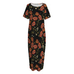 Embroidery Poppy Pattern Print Short Sleeve Long Nightdress