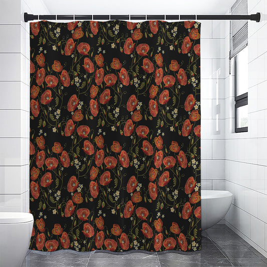 Embroidery Poppy Pattern Print Shower Curtain