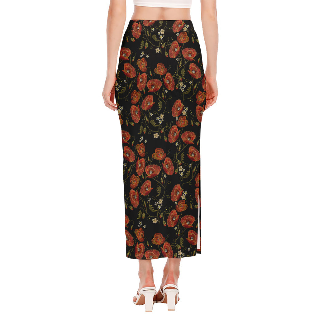 Embroidery Poppy Pattern Print Side Slit Maxi Skirt