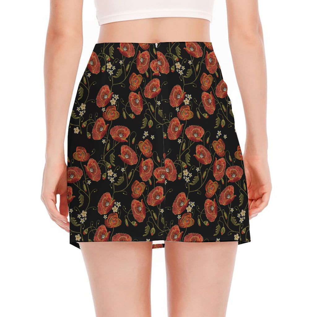 Embroidery Poppy Pattern Print Side Slit Mini Skirt