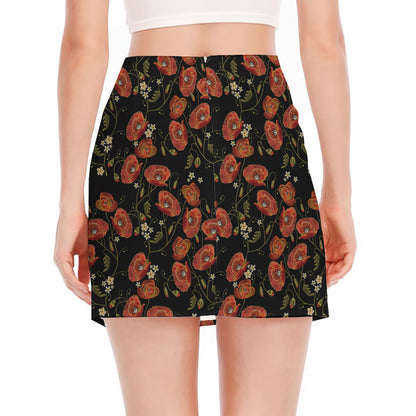 Embroidery Poppy Pattern Print Side Slit Mini Skirt