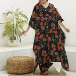 Embroidery Poppy Pattern Print Silk V-Neck Kaftan Dress