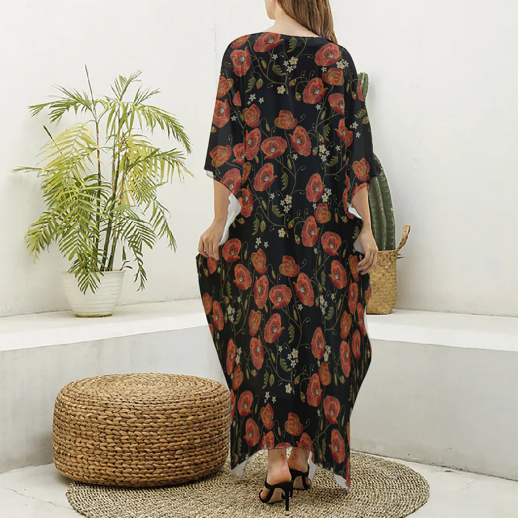 Embroidery Poppy Pattern Print Silk V-Neck Kaftan Dress