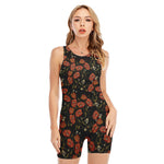 Embroidery Poppy Pattern Print Sleeveless One Piece Swimsuit