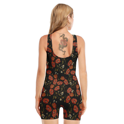 Embroidery Poppy Pattern Print Sleeveless One Piece Swimsuit