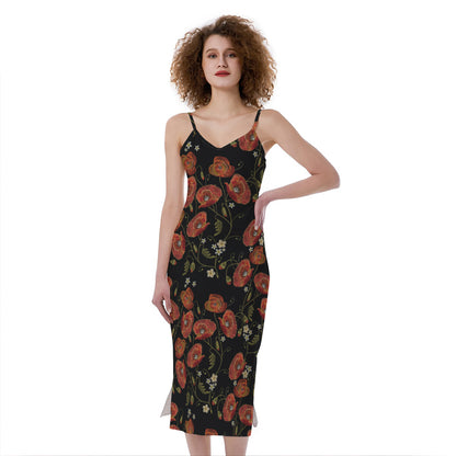 Embroidery Poppy Pattern Print Slim Fit Midi Cami Dress