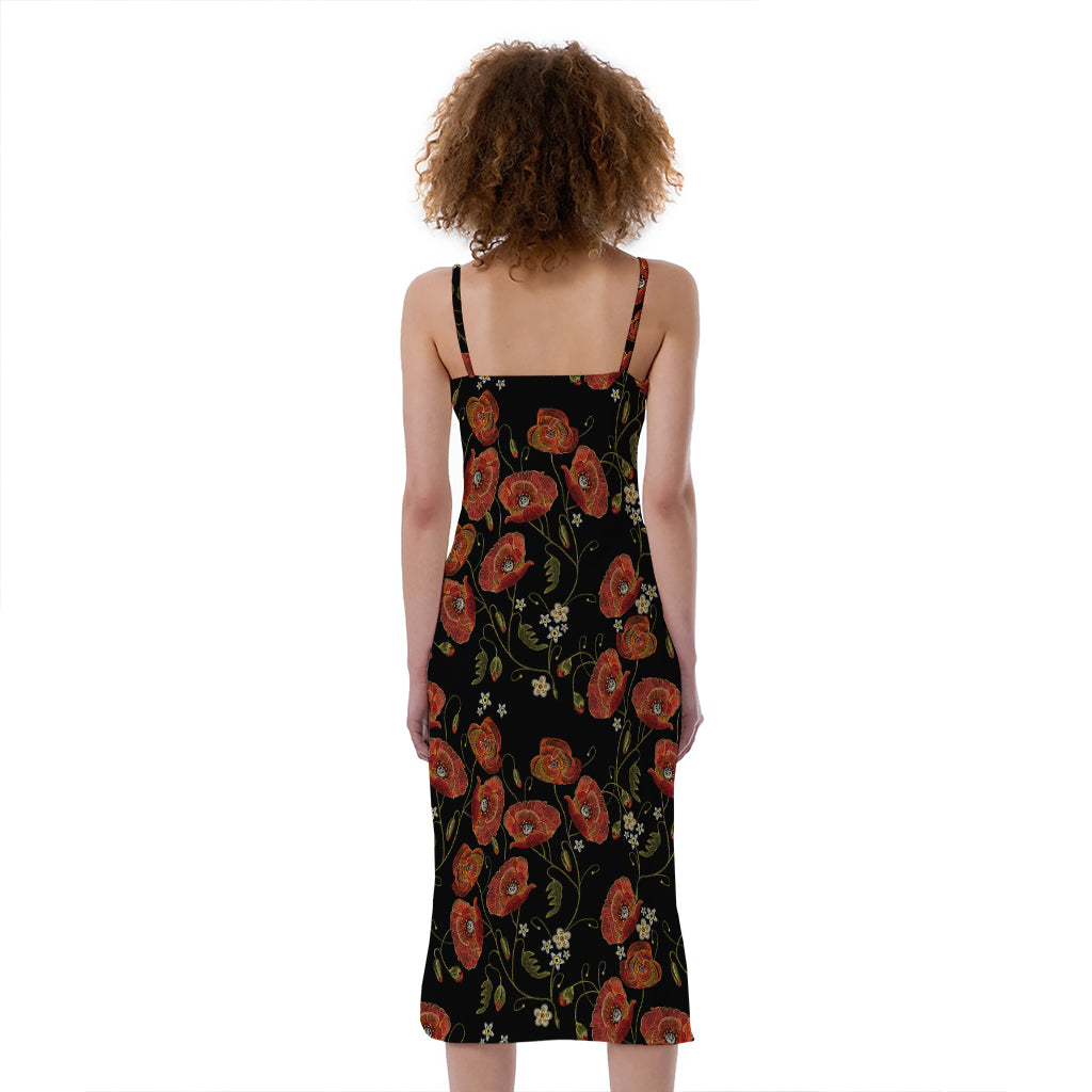 Embroidery Poppy Pattern Print Slim Fit Midi Cami Dress