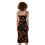 Embroidery Poppy Pattern Print Slim Fit Midi Cami Dress