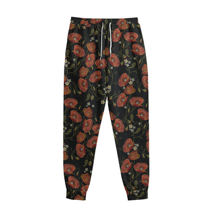Embroidery Poppy Pattern Print Sweatpants