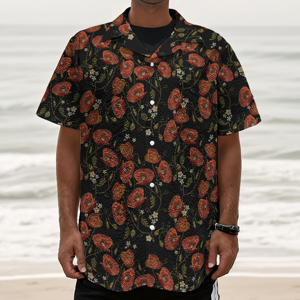 Embroidery Poppy Pattern Print Textured Short Sleeve Shirt