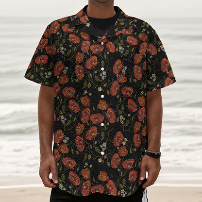 Embroidery Poppy Pattern Print Textured Short Sleeve Shirt