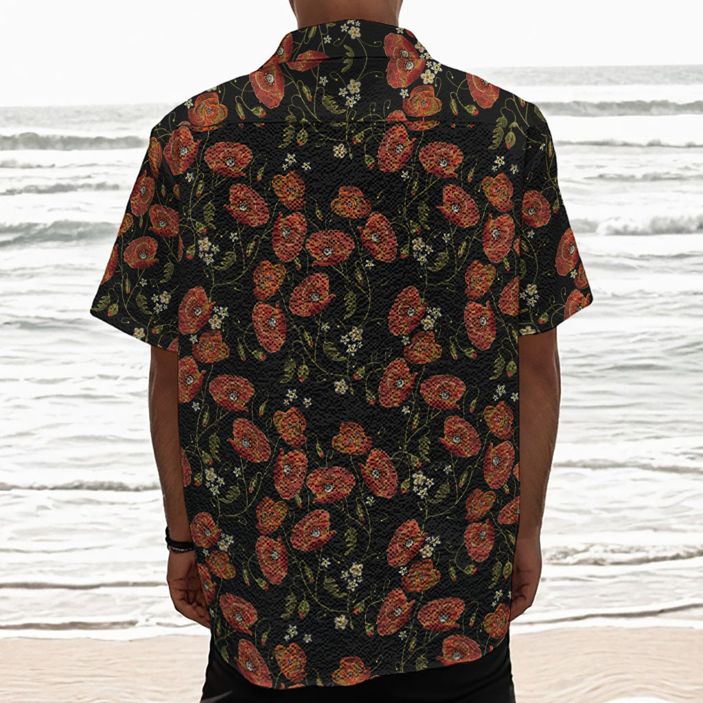 Embroidery Poppy Pattern Print Textured Short Sleeve Shirt