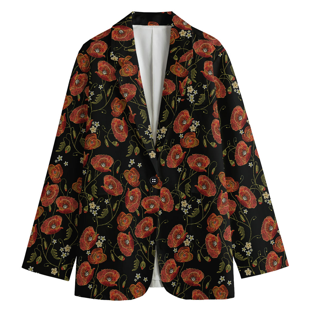 Embroidery Poppy Pattern Print Women's Blazer