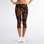 Embroidery Poppy Pattern Print Women's Capri Leggings