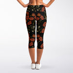 Embroidery Poppy Pattern Print Women's Capri Leggings