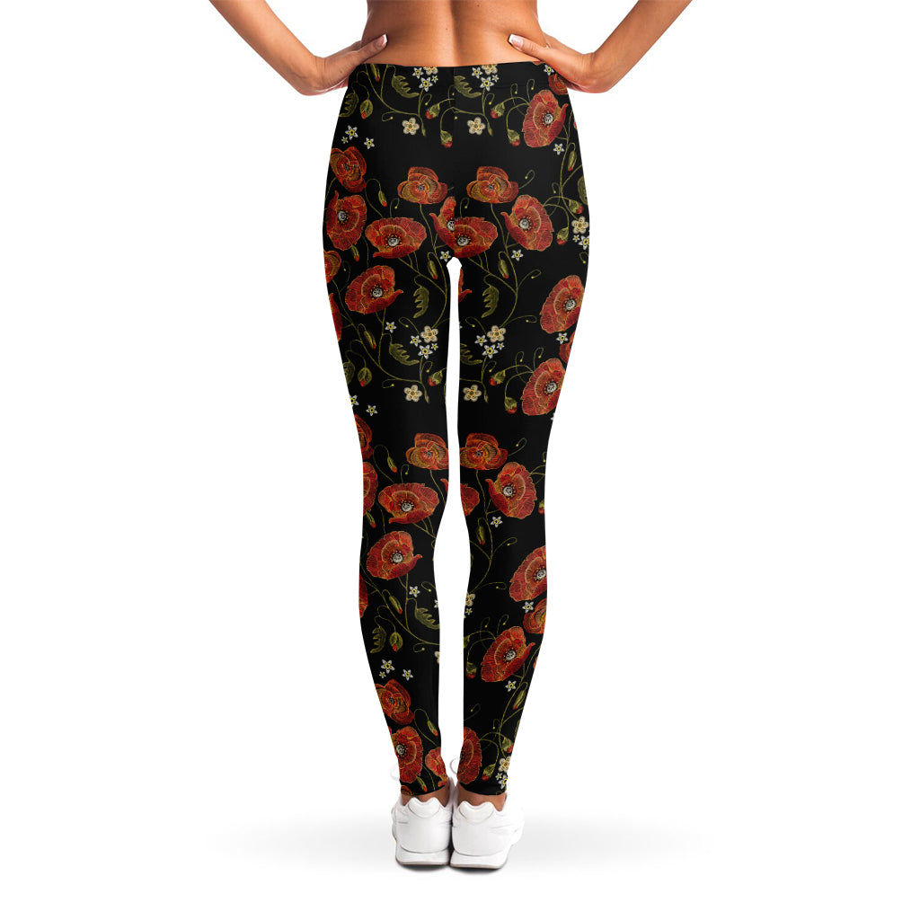Embroidery Poppy Pattern Print Women's Leggings