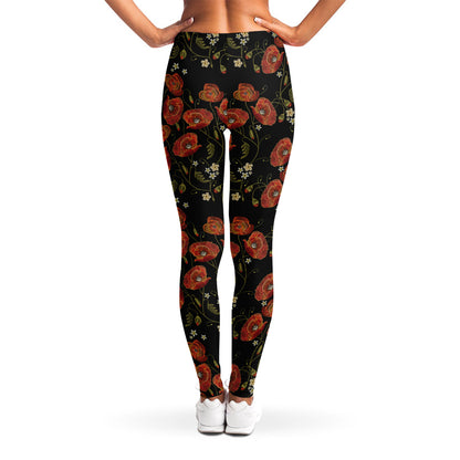 Embroidery Poppy Pattern Print Women's Leggings