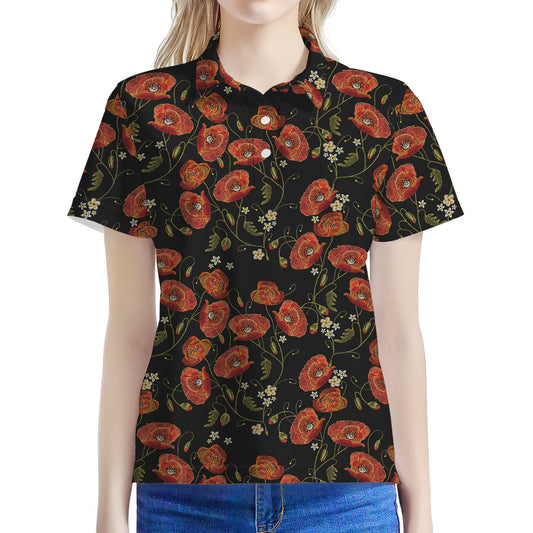Embroidery Poppy Pattern Print Women's Polo Shirt
